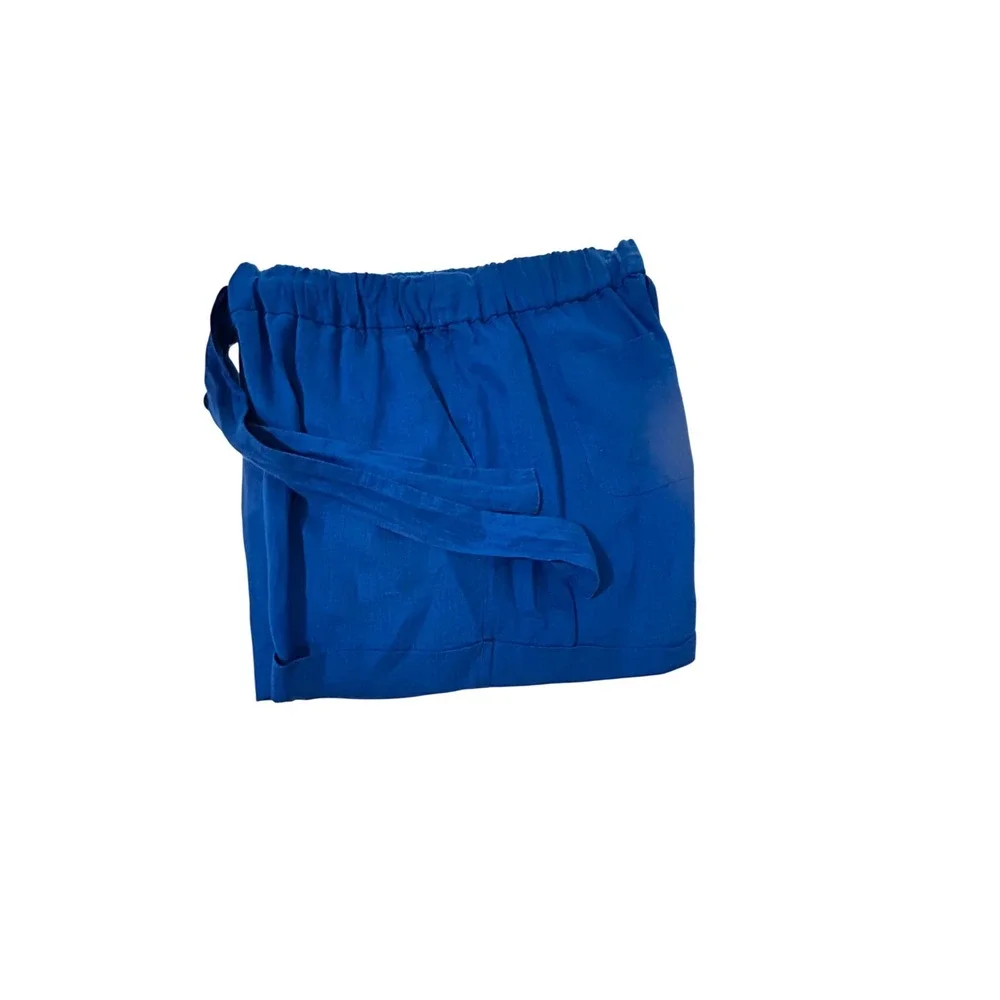 J.Crew Blue Linen Drawstring‎ Shorts Women Size 6 Cobalt Cuffed Elastic Waist